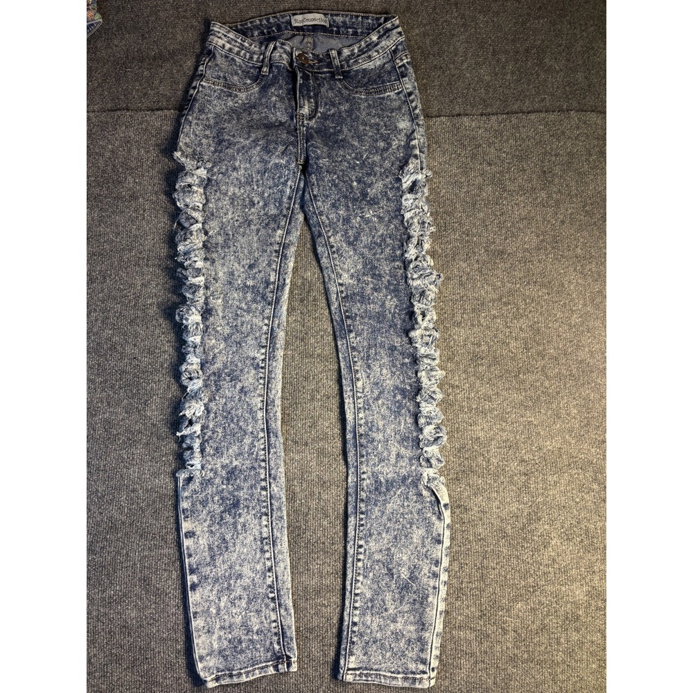 Blue Connection Skinny Jeans Wear Women 3/4 Blue Denim Side Ripped Leg Acid Wash